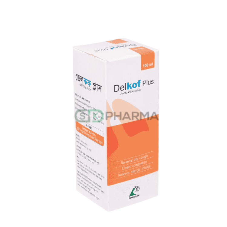 Delkof Plus Syrup (10 mg+30 mg+1.25 mg)/5 ml (Dextromethorphan + Pseudoephedrine + Triprolidine)