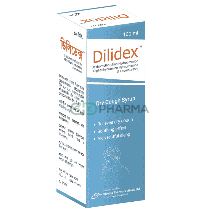Dilidex Syrup (14 mg+6.5 mg+2 mg)/5ml (Diphenhydramine + Dextromethorphan + Levomenthol)