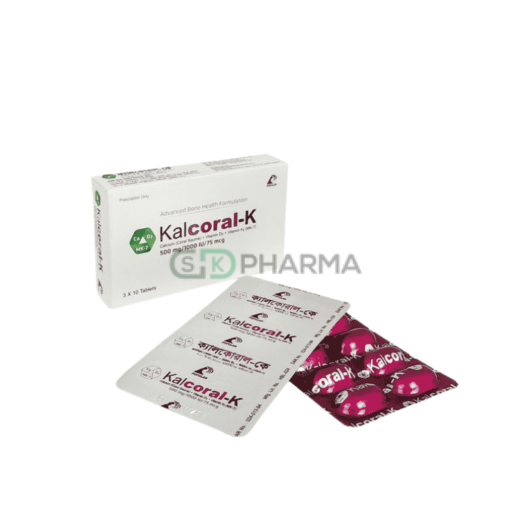 Kalcoral-K Tablet 75 mcg+500 mg+1000 IU (Menaquinone-7 + Coral Calcium + Vitamin D3)