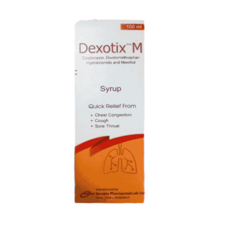 Dexotix M Syrup (200 mg+15 mg+15 mg)/5 ml (Guaifenesin + Dextromethorphan + Menthol)