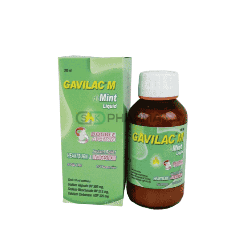 Gavilac M (Mint) Suspension (500 mg+213 mg+325 mg)/10 ml (Sodium Alginate + Sodium Bicarbonate + Calcium Carbonate)