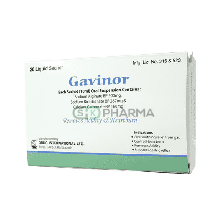 Gavinor Suspension (500 mg+267 mg+160 mg)/10 ml (Sodium Alginate + Sodium Bicarbonate + Calcium Carbonate)