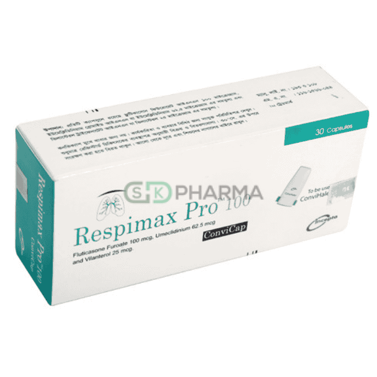 Respimax Pro Inhalation Capsule 25 mcg+100 mcg+62.5 mcg (Vilanterol Trifenatate + Fluticasone Furoate + Umeclidinium Bromide)