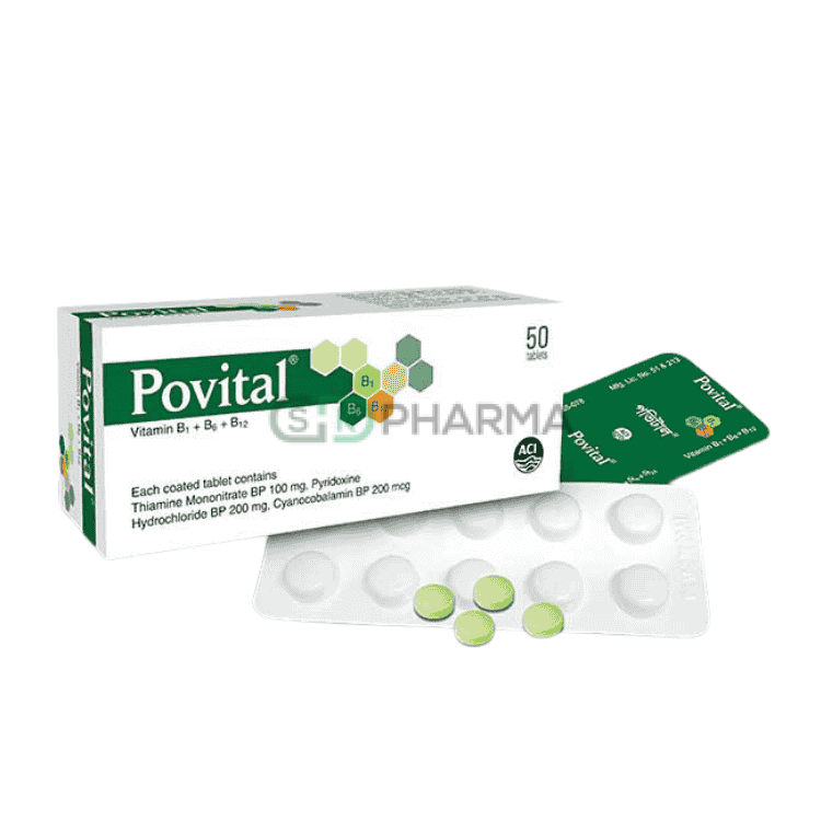 Povital Tablet 100 mg+200 mg+200 mcg (Vitamin B1, B6 & B12)