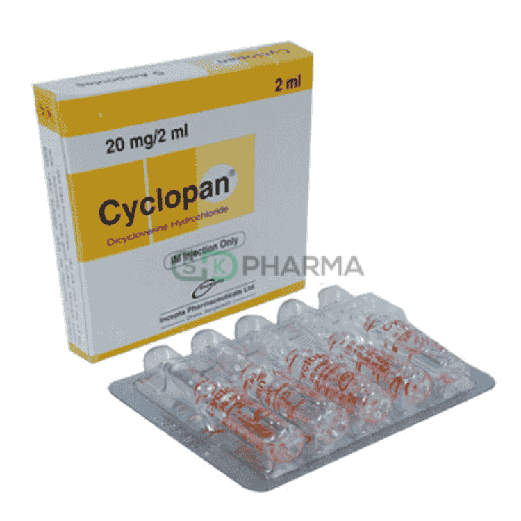 Cyclopan Injection 20 mg/2 ml (Dicycloverine Hydrochloride)