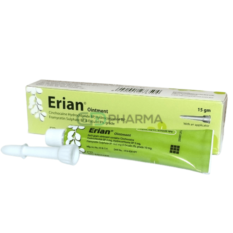 Erian Ointment (5 mg+5 mg+10.5 mg+10 mg)/gm (Cinchocaine + Hydrocortisone + Framycetin + Esculin)