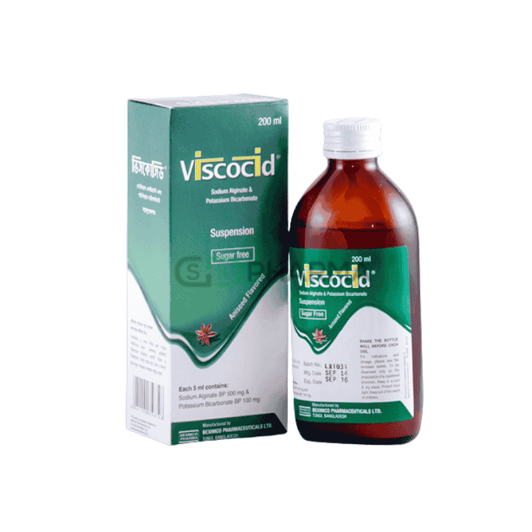 Viscocid Suspension (500 mg+100 mg)/5 ml (Sodium Alginate + Potassium Bicarbonate)